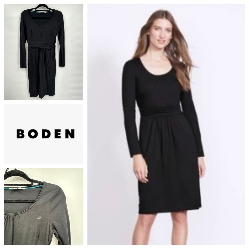 BODEN Black Long Sleeve Ruched‎ Waist Jersey Midi Dress UK 10 US 6